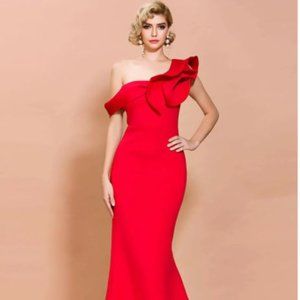 Asymmetrical Neck Ruffle Floor Length Prom Dress